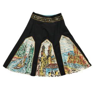 Anthropologie Basil & Maude A-Line Midi Skirt Womens 6 Black Gold Sequins Art